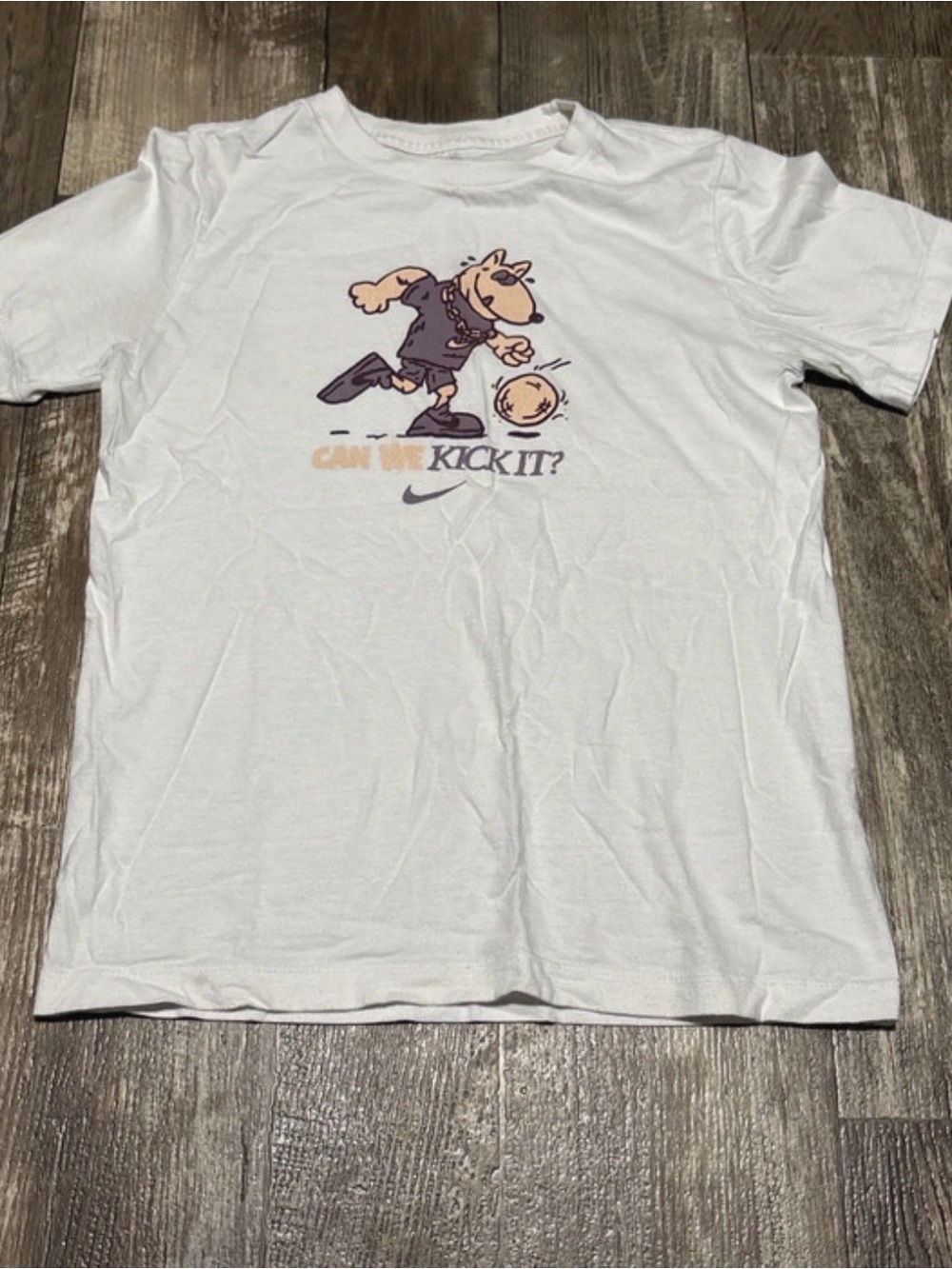 Nike White Short Sleeve Kids Tee with Beige and Gray Cartoon Graphic